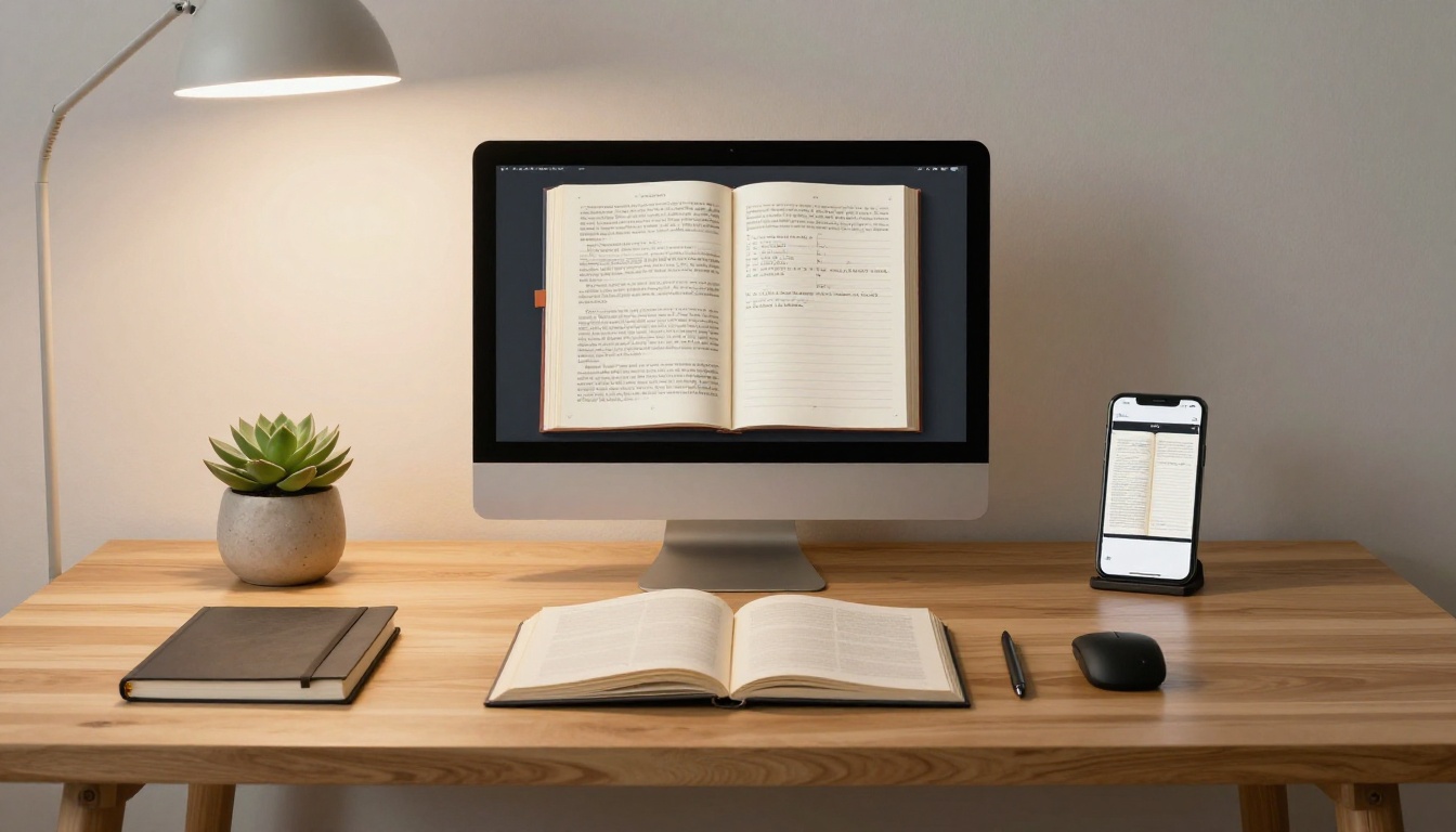 Desktop monitor, MacBook Pro, and iPhone on a minimalist oak desk all displaying the same flipbook design