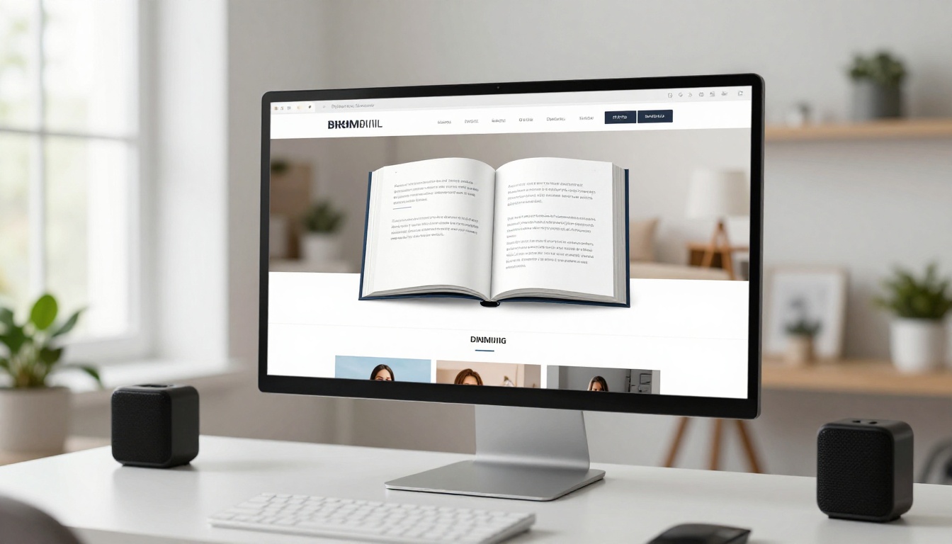 Modern website on a large monitor showing an embedded flipbook widget in a product page layout