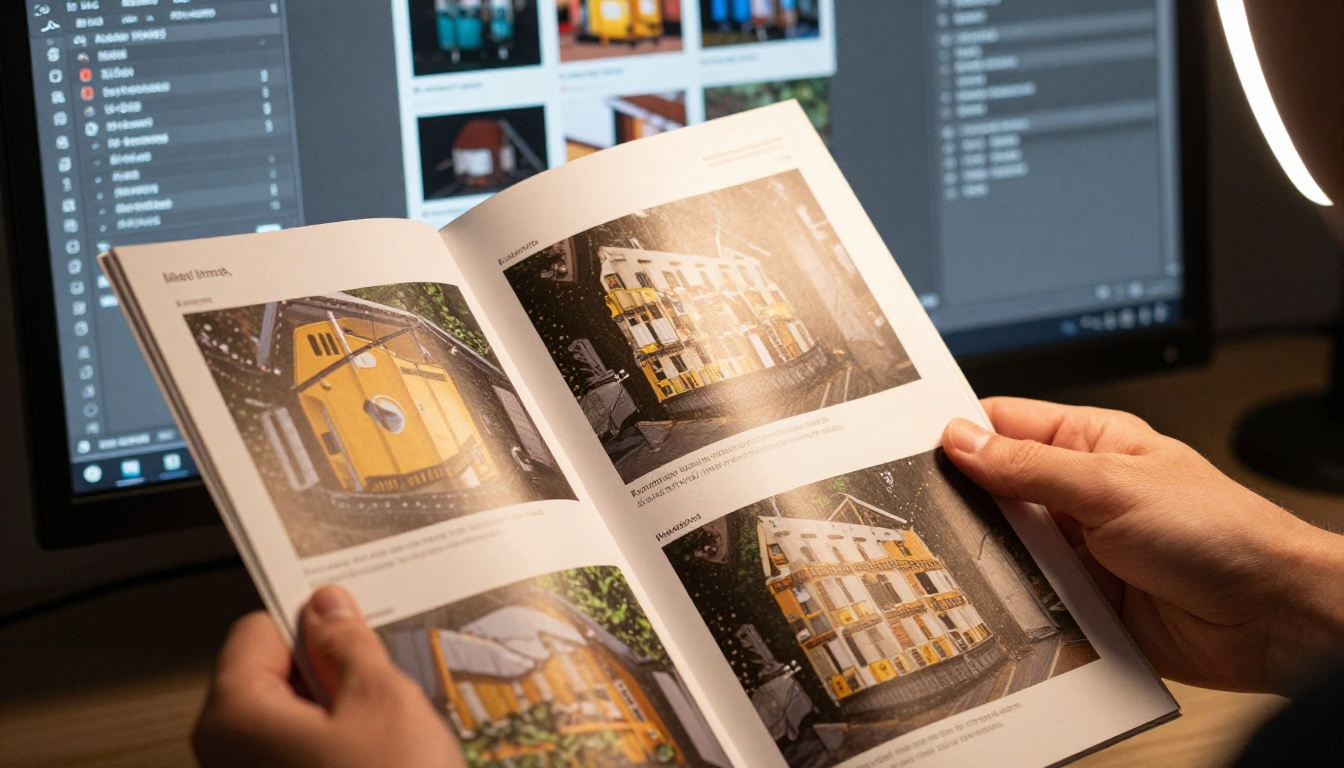 Designer holding printed brochure next to an Adobe InDesign monitor showing the Links panel with resolution data Designer holding printed brochure next to an Adobe InDesign monitor showing the Links panel with resolution data
