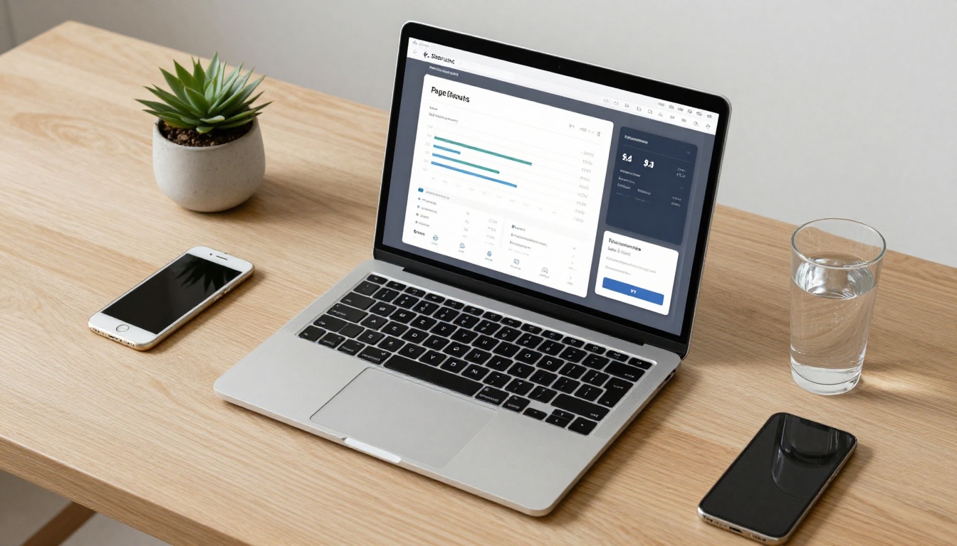 Aerial view of a MacBook showing a flipbook analytics dashboard with page views chart and share link panel