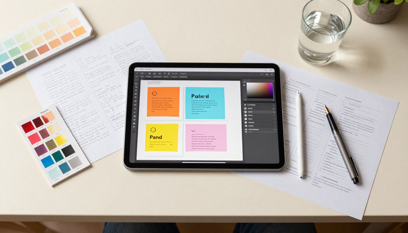 Aerial flat-lay of a designer's workspace with a tablet, stylus, and annotated design sheets spread across the desk