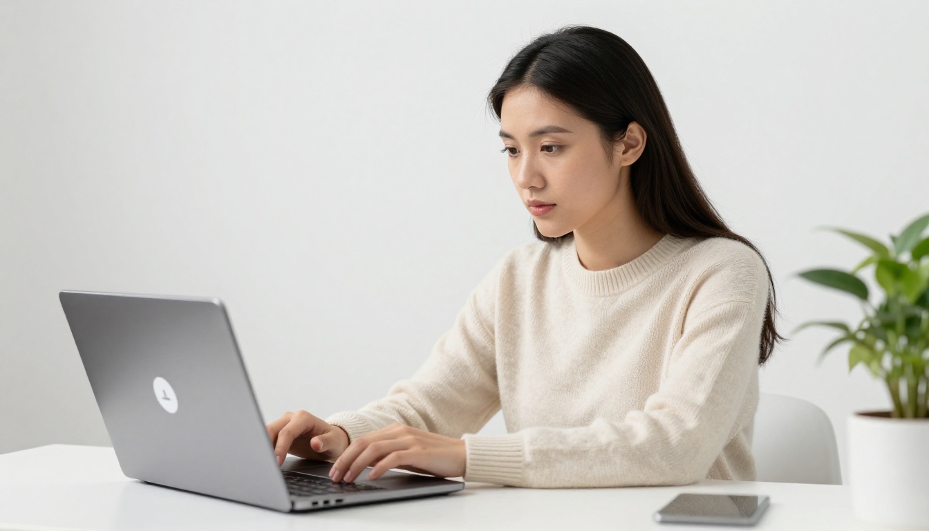 A young professional woman uploading a file on a silver laptop at a minimalist white desk