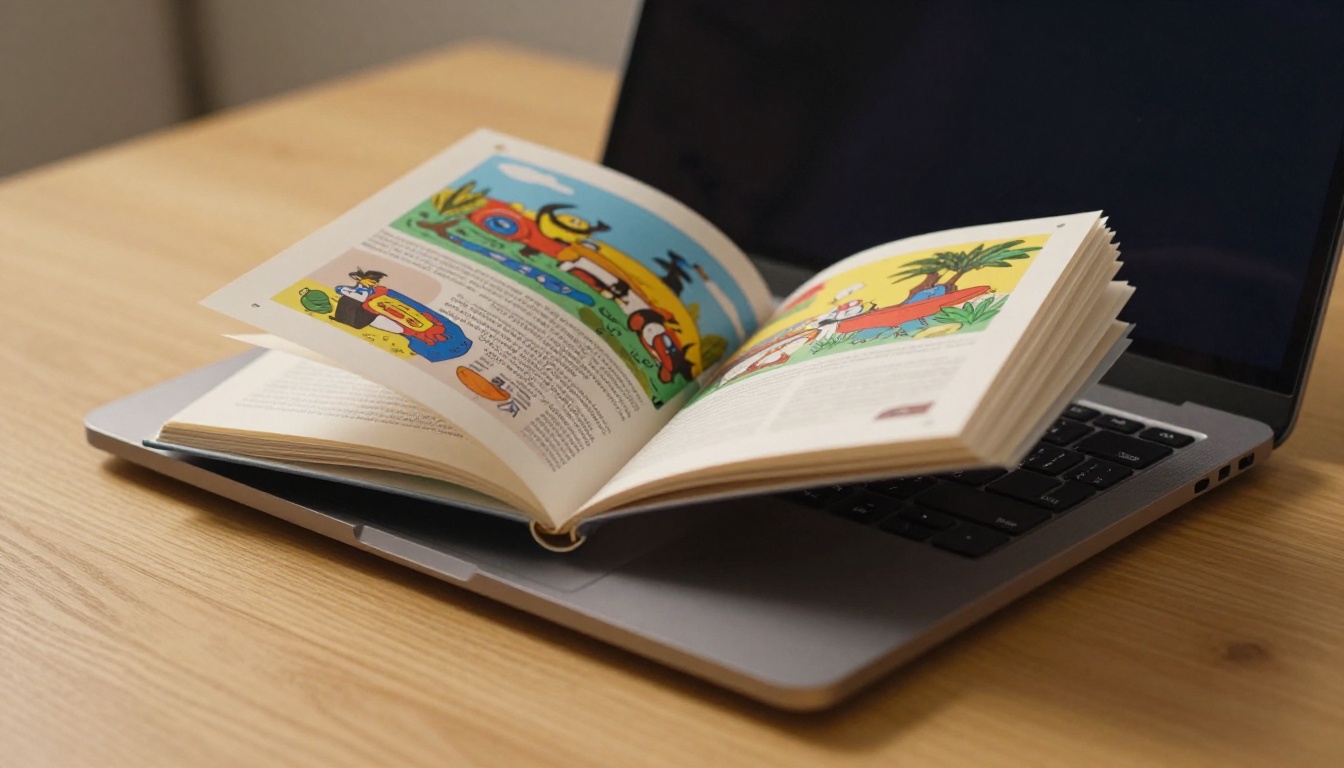 A close-up of a modern laptop screen showing an interactive digital flipbook with a page-turn effect mid-animation