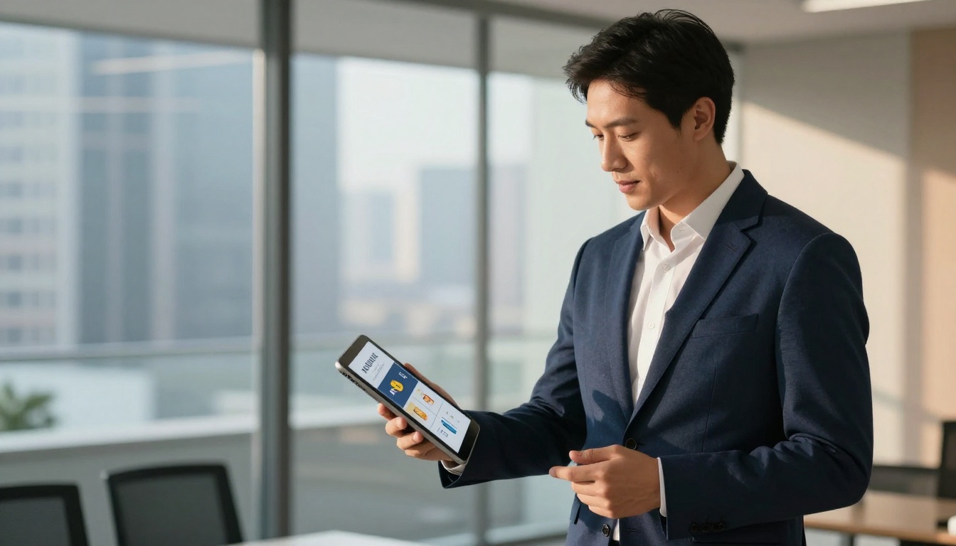 A well-dressed professional holding a tablet displaying a polished business presentation in flipbook format in a bright office
