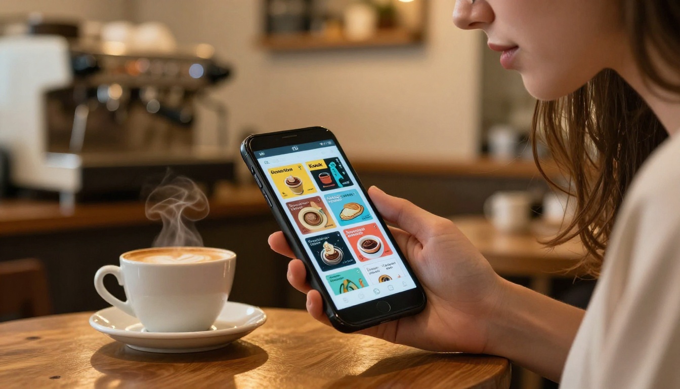 A casually dressed young woman reviewing a digital flipbook on her smartphone at a warm coffee shop