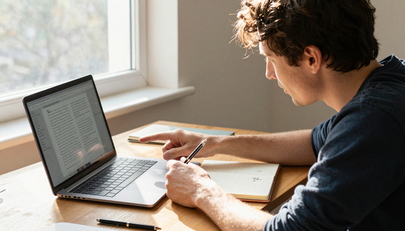 Two creative professionals collaborating over a laptop showing a shared interactive flipbook at a wooden desk