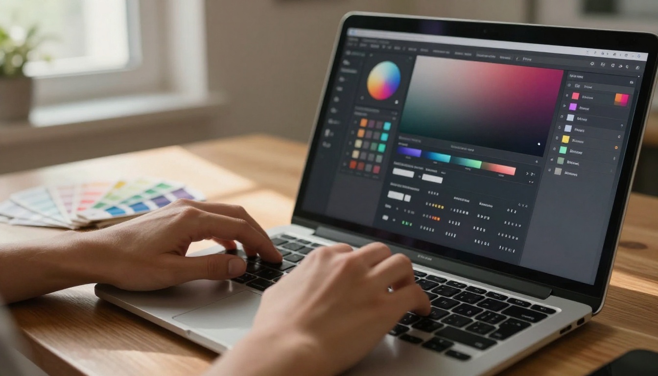 Close-up of a designer's hands working on a laptop with a branding customization interface and a Pantone color fan on the desk