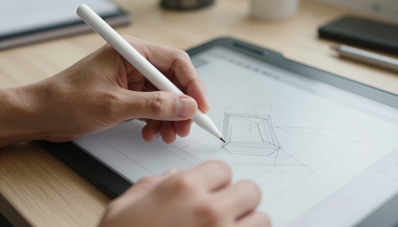 Designer hands gripping stylus pen over professional drawing tablet with wireframe sketches Designer hands gripping stylus pen over professional drawing tablet with wireframe sketches