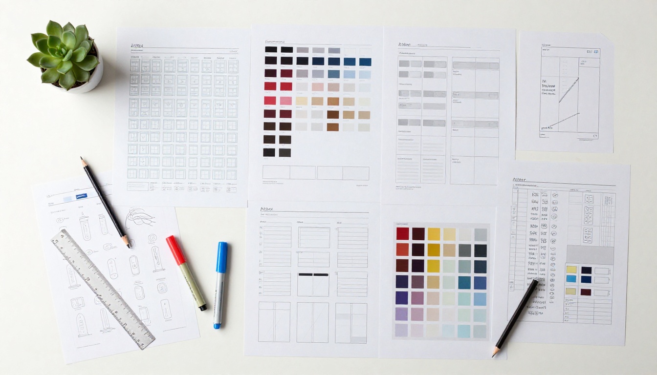 Aerial flat lay of printed design mockup sheets and wireframe sketches arranged on a white desk Aerial flat lay of printed design mockup sheets and wireframe sketches arranged on a white desk