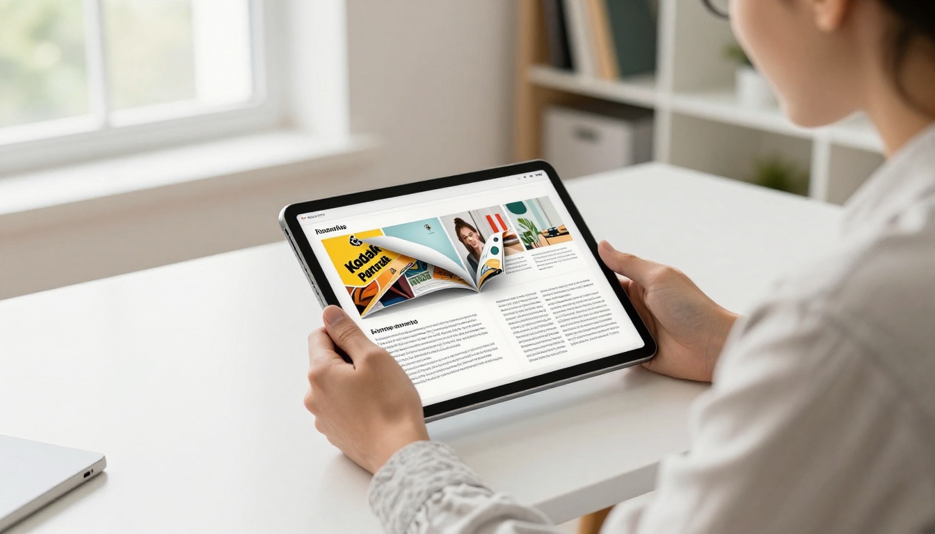 Designer reviewing interactive digital publication on iPad Pro with page mid-flip effect visible Designer reviewing interactive digital publication on iPad Pro with page mid-flip effect visible