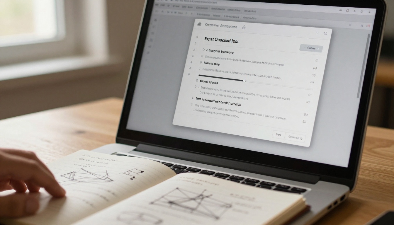 Close-up of laptop screen showing PDF export dialog with sketchbook open beside it showing hand-drawn wireframes Close-up of laptop screen showing PDF export dialog with sketchbook open beside it showing hand-drawn wireframes