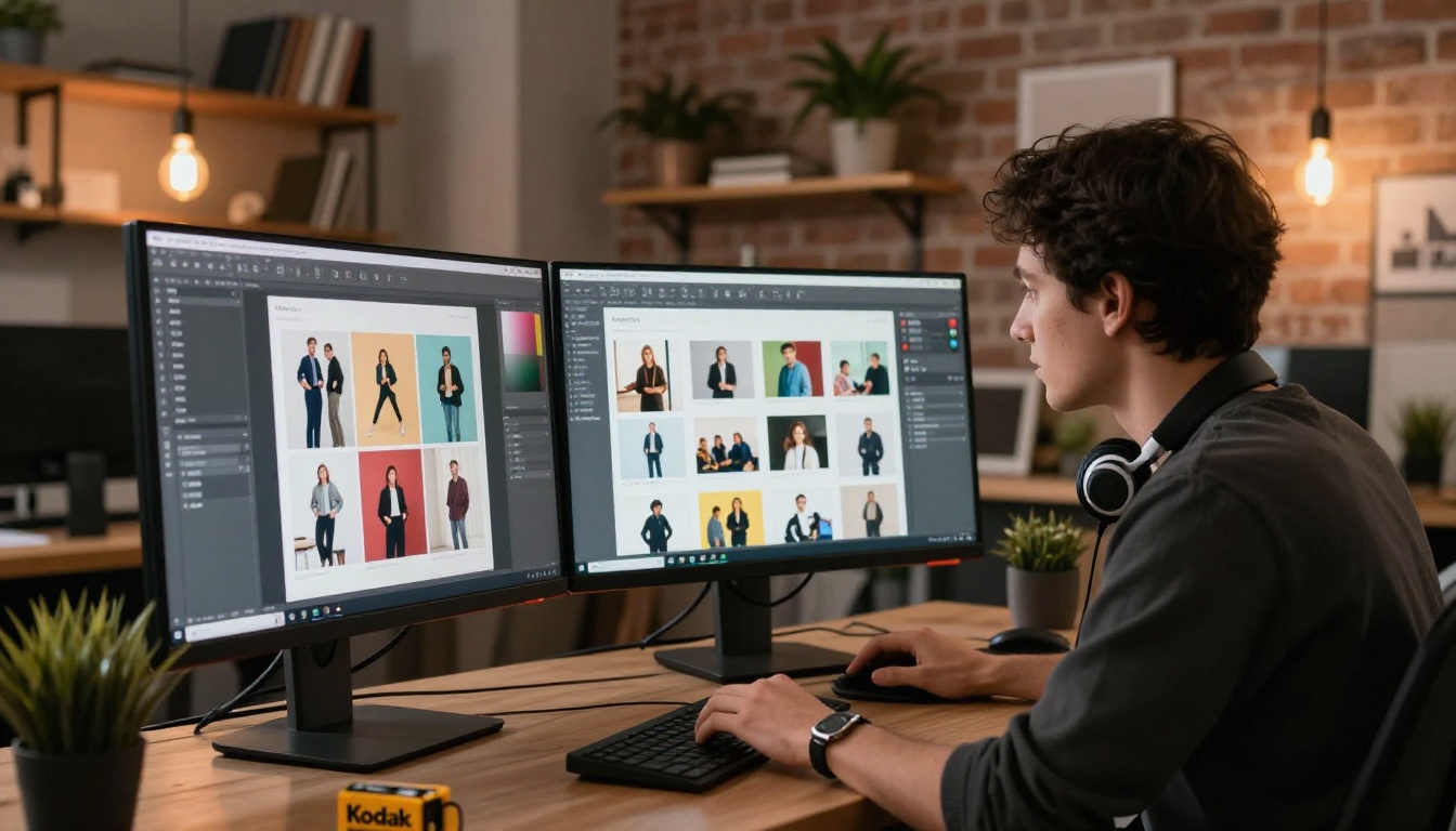 Creative professional designer at dual-monitor workstation in modern studio with exposed brick walls