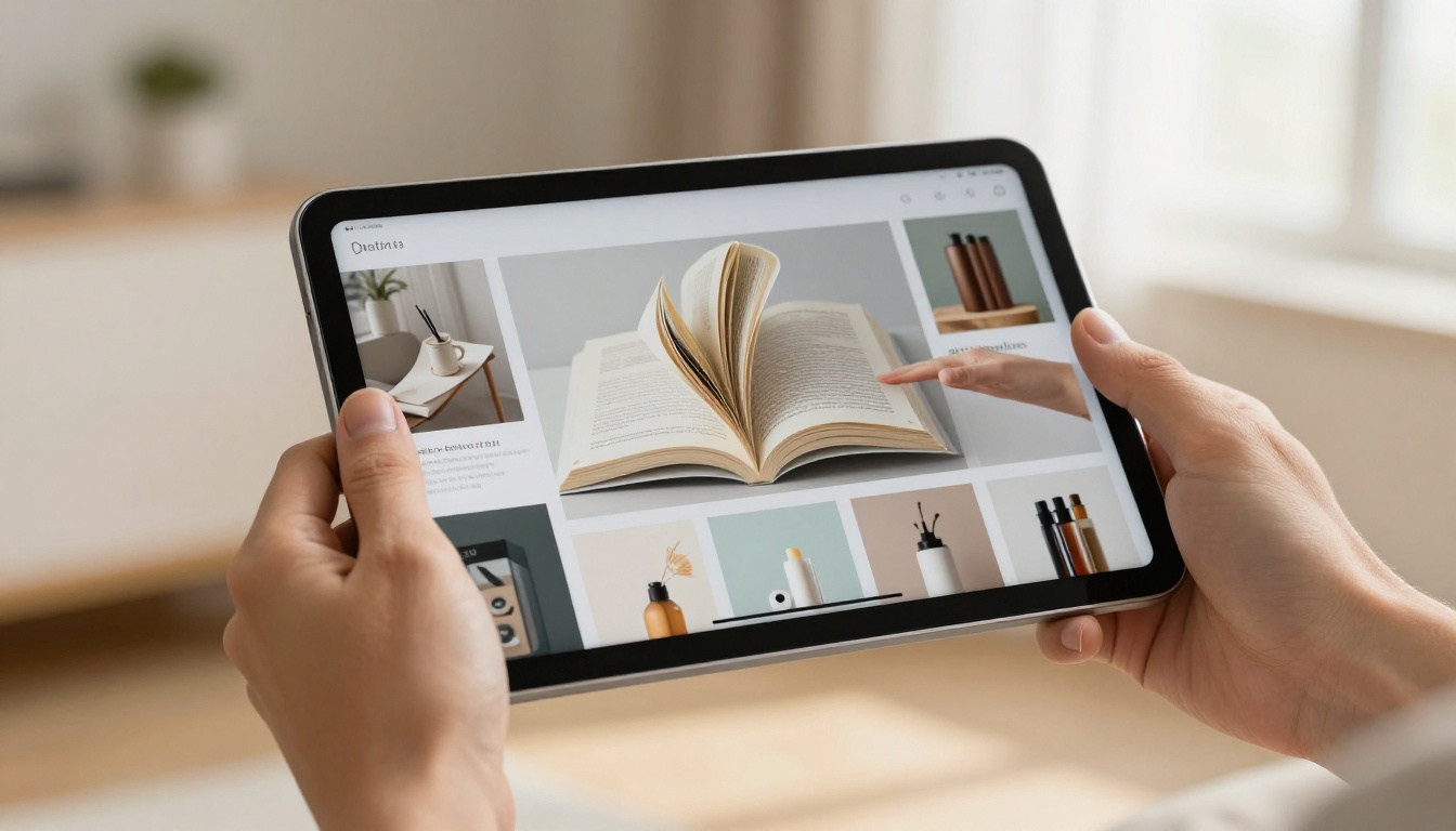 Two hands holding a modern tablet displaying an interactive flipbook with a page mid-curl animation