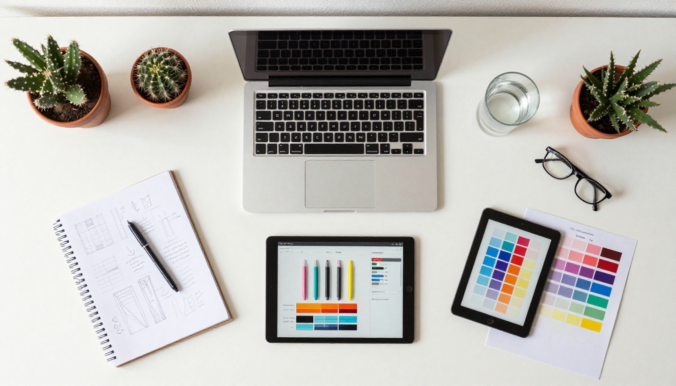 Bird's eye overhead view of a creative designer's desk with sketch notebook, laptop, tablet, markers, and cactus
