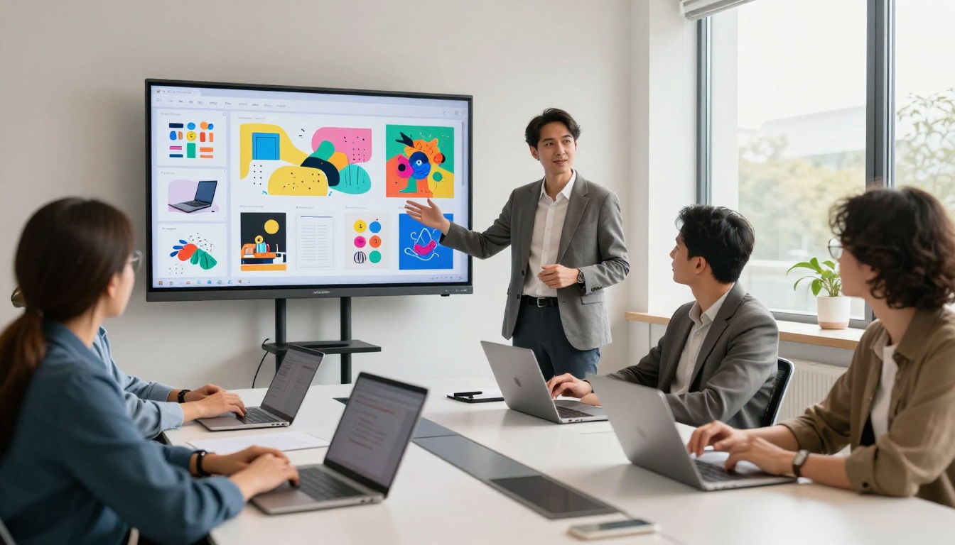 Designer in smart casual blazer presenting colorful design portfolio on large wall screen to seated team members