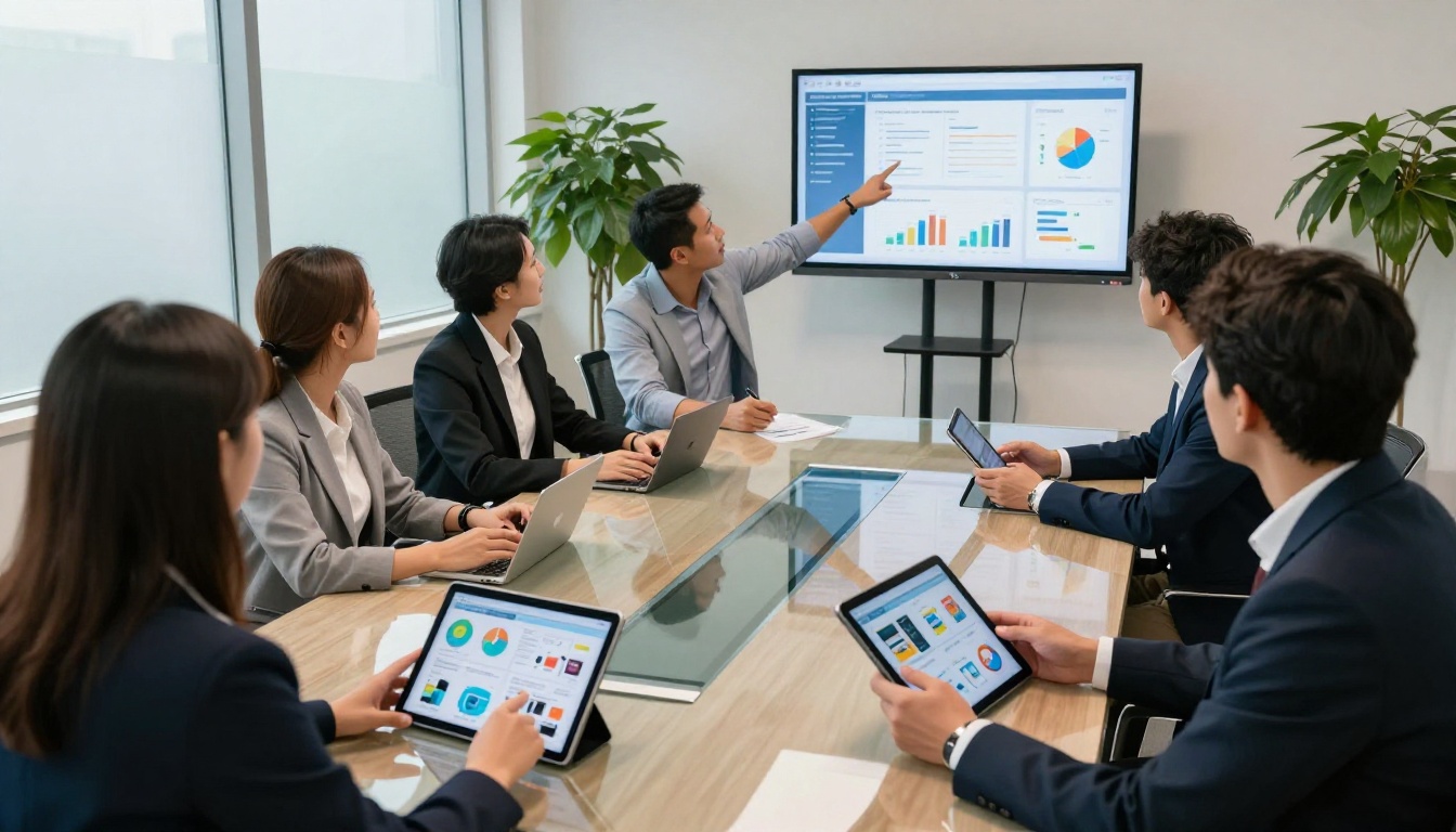 Marketing team reviewing flipbook analytics on tablets in a modern boardroom Marketing team reviewing flipbook analytics on tablets in a modern boardroom
