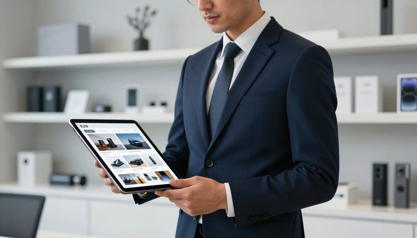 Sales representative presenting B2B product catalog flipbook on an iPad in a showroom Sales representative presenting B2B product catalog flipbook on an iPad in a showroom