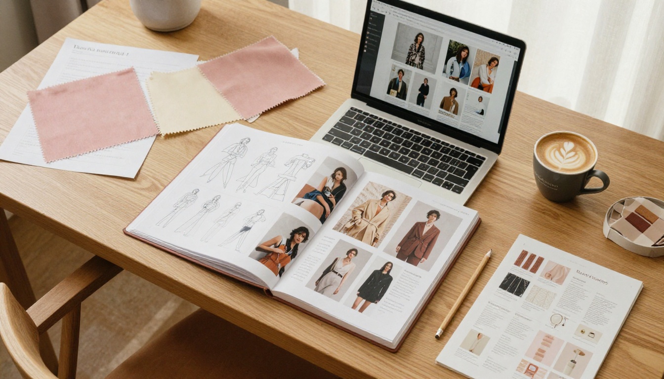 Fashion brand marketing workspace with lookbook flipbook on laptop and fabric swatches Fashion brand marketing workspace with lookbook flipbook on laptop and fabric swatches