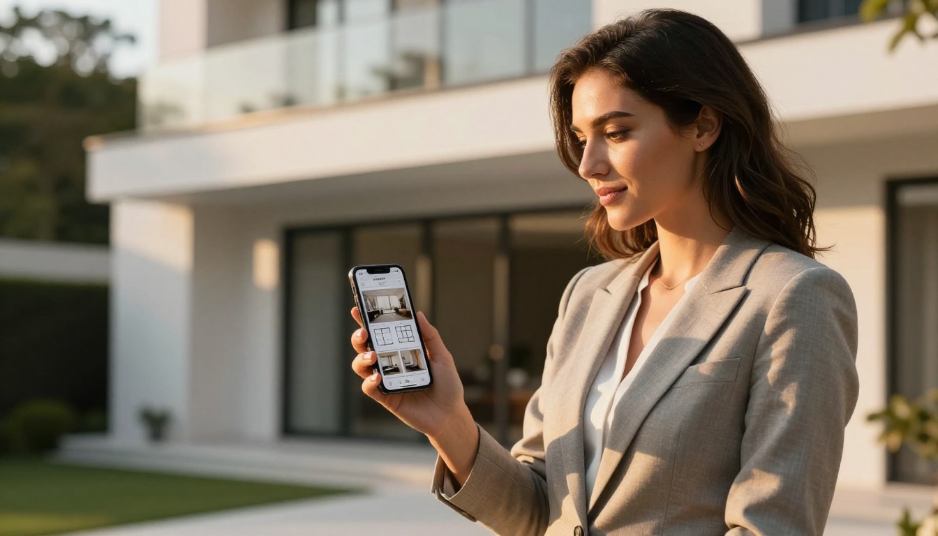 Real estate agent holding a smartphone with property brochure flipbook outside a luxury home Real estate agent holding a smartphone with property brochure flipbook outside a luxury home