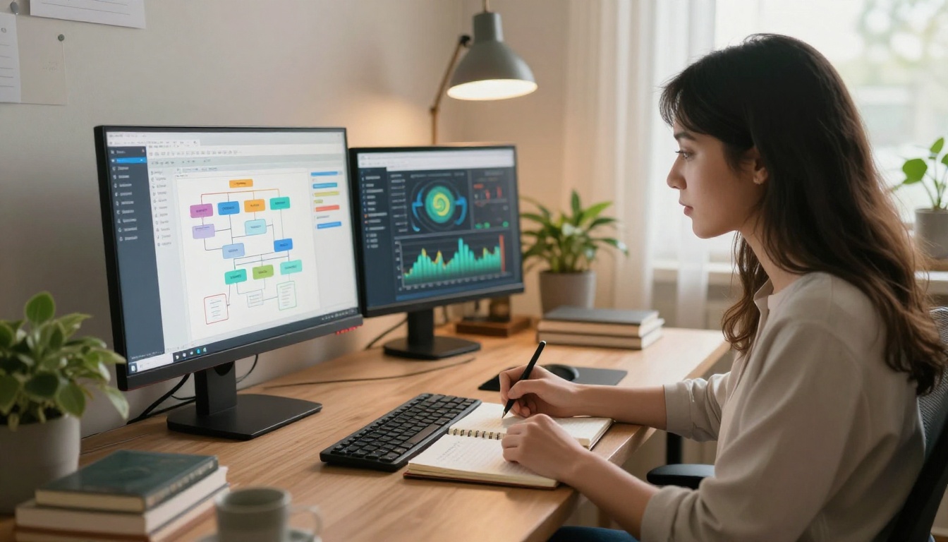 Digital marketer at dual-monitor setup tracking flipbook analytics and automation workflows Digital marketer at dual-monitor setup tracking flipbook analytics and automation workflows