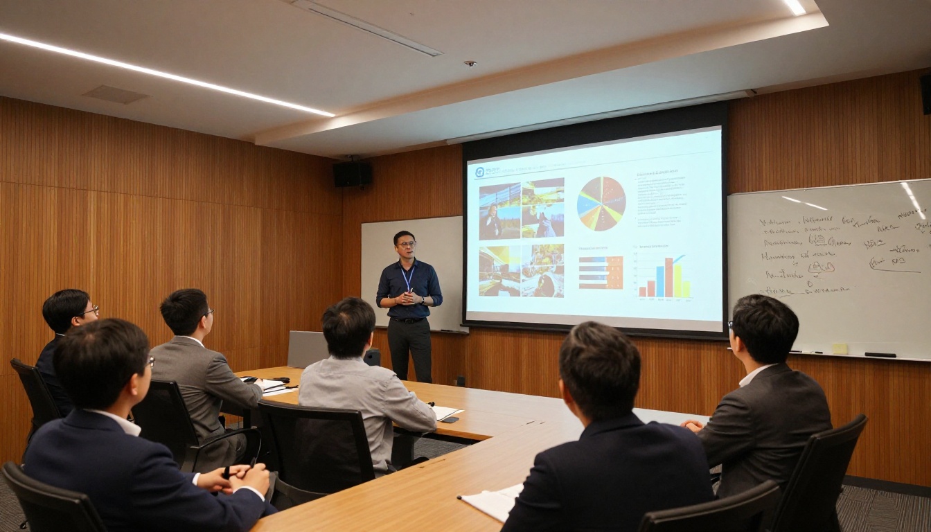 Business presentation displaying an interactive flipbook on a projector screen to a team Business presentation displaying an interactive flipbook on a projector screen to a team