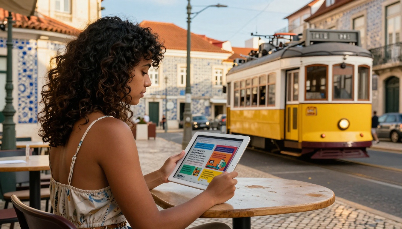 Woman reading Portuguese flipbook at Lisbon café terrace