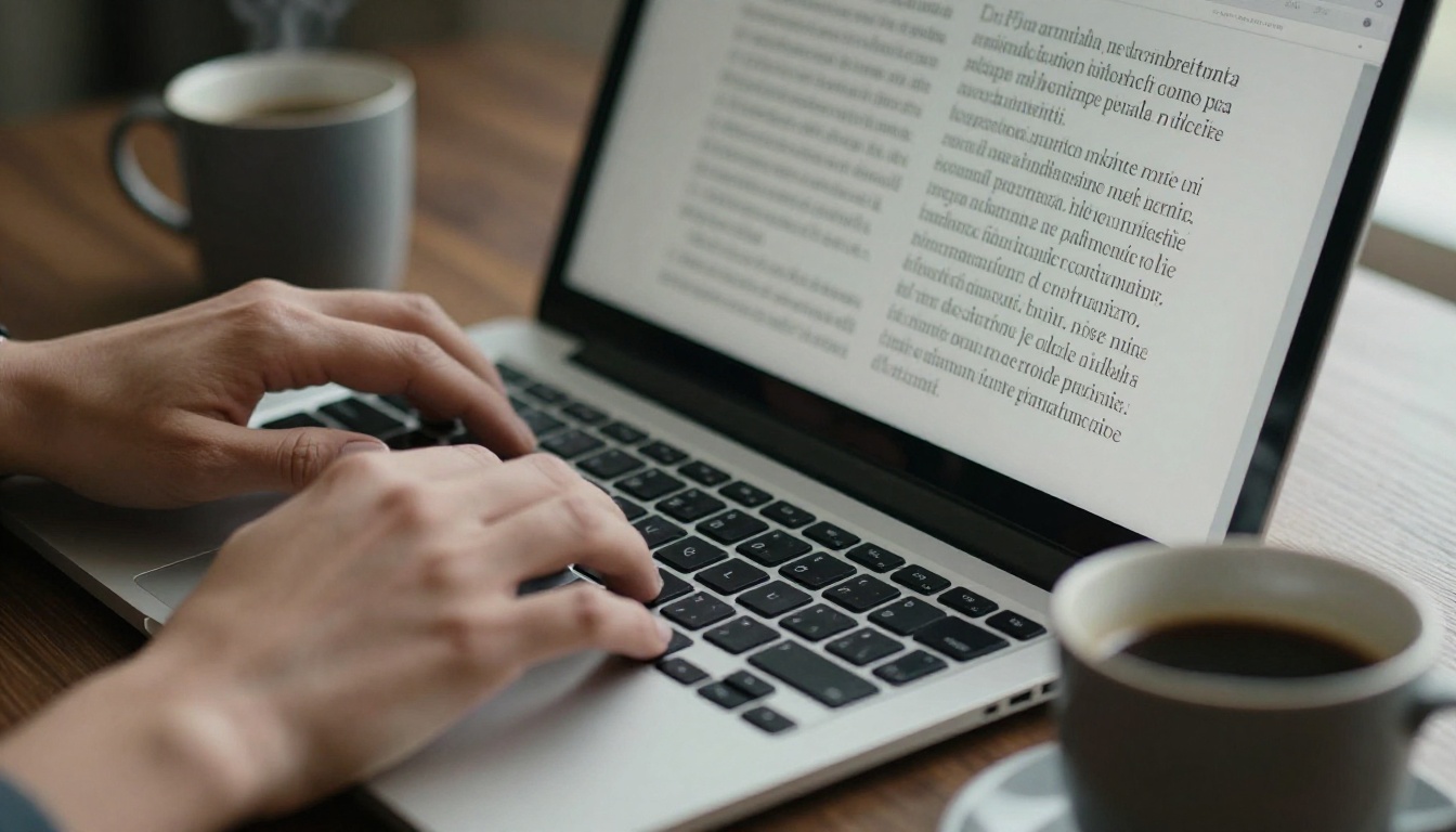 Close-up of hands typing Italian content on laptop keyboard