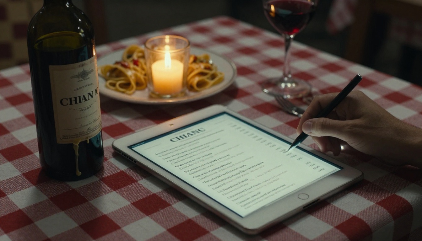 Italian restaurant menu flipbook displayed on tablet beside Chianti wine bottle Italian restaurant menu flipbook displayed on tablet beside Chianti wine bottle