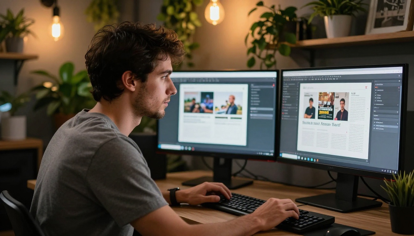 Graphic designer creating Italian-language magazine layout at studio workstation