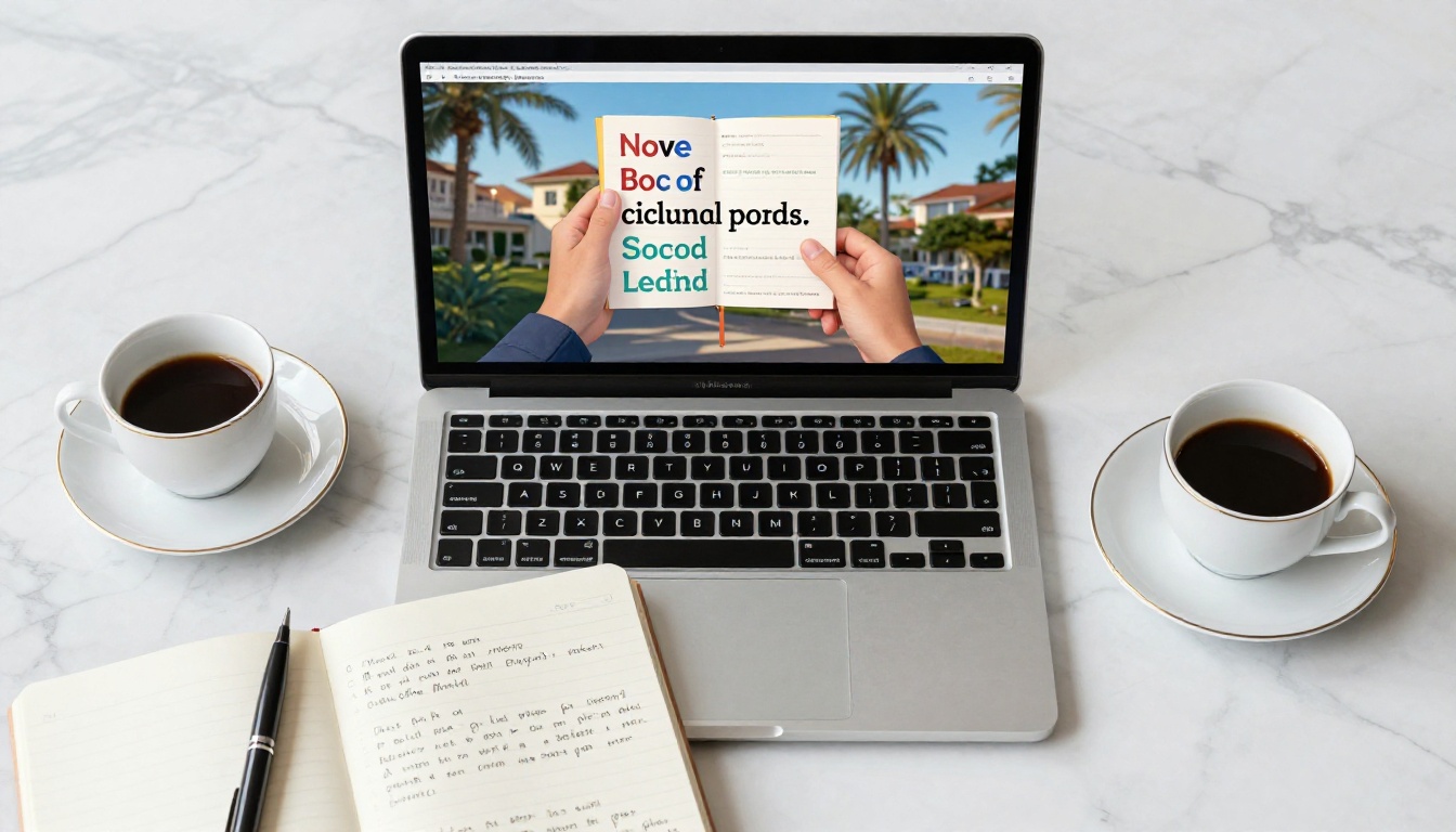 Silver MacBook showing multilingual flipbook on Carrara marble desk