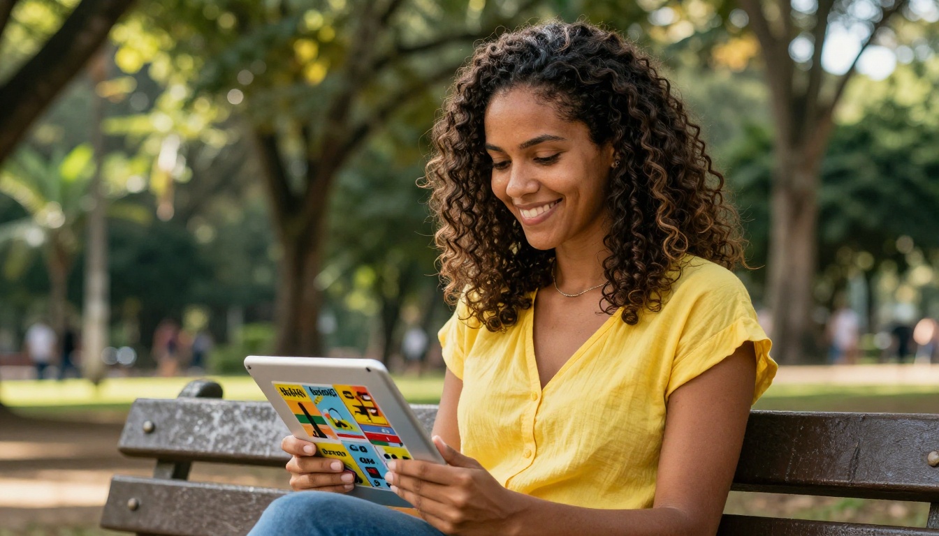 Smiling Brazilian woman reading Portuguese flipbook on tablet in Ibirapuera Park Smiling Brazilian woman reading Portuguese flipbook on tablet in Ibirapuera Park