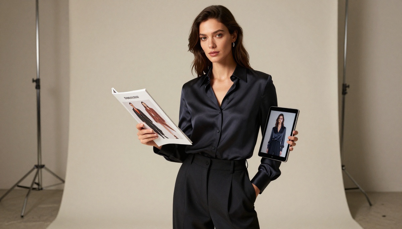 Elegant Italian woman in Milan showroom holding printed lookbook and digital flipbook tablet Elegant Italian woman in Milan showroom holding printed lookbook and digital flipbook tablet