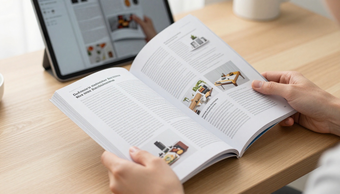Hands flipping through a German printed catalog beside a tablet showing its digital flipbook version