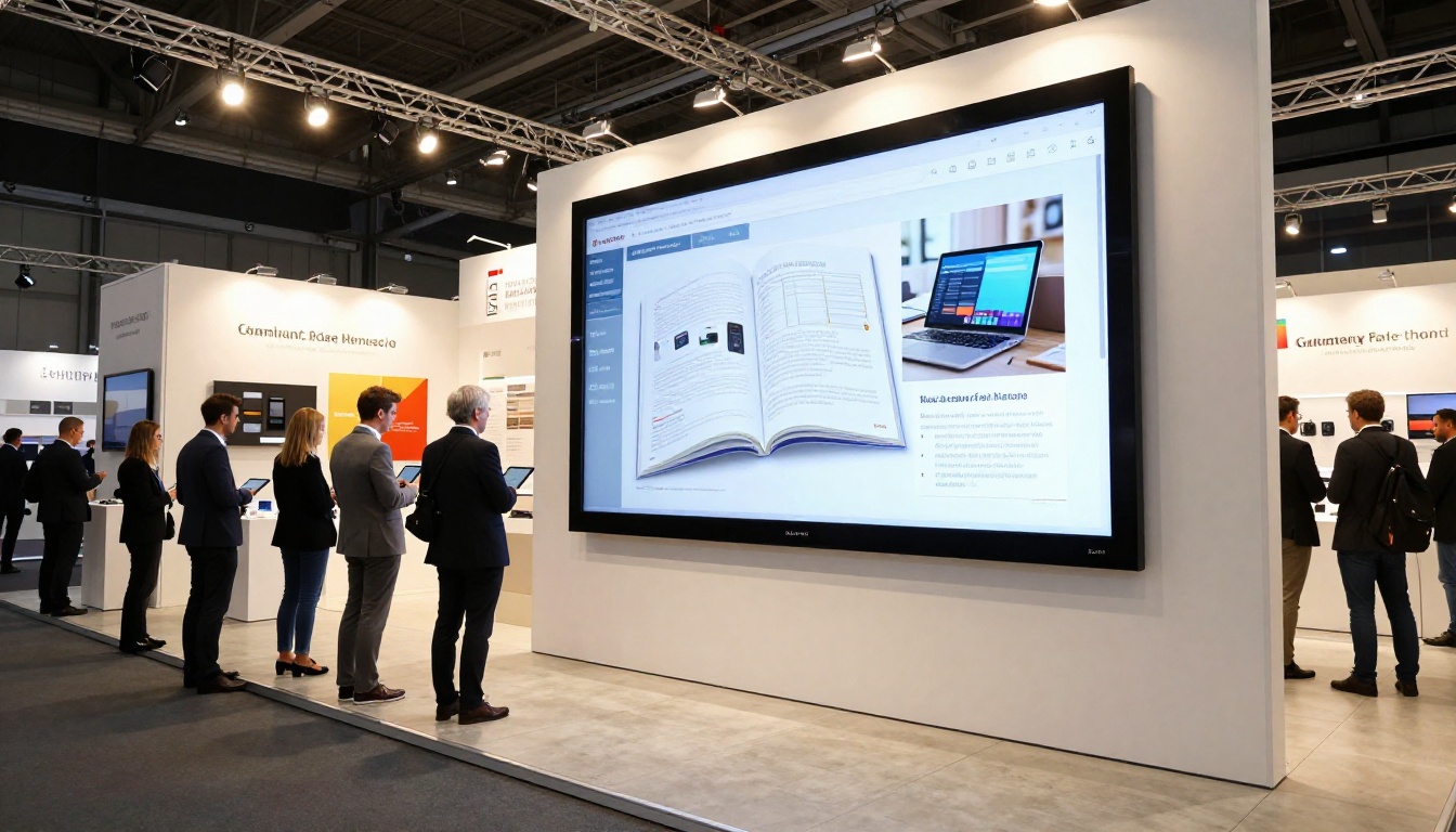 A German trade show exhibition booth with a large touchscreen showing an interactive digital catalog flipbook
