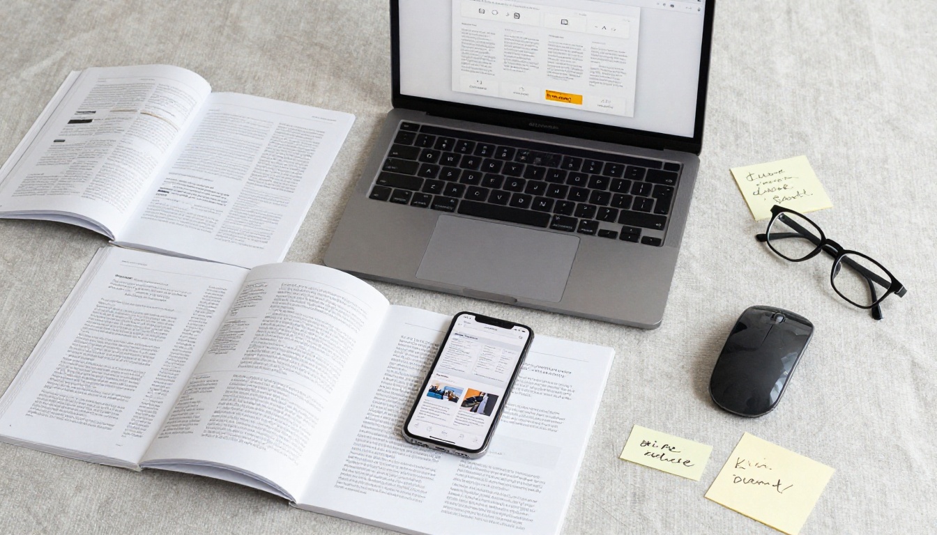 A flat-lay view of German catalogs and digital devices showing the same catalog as an interactive flipbook