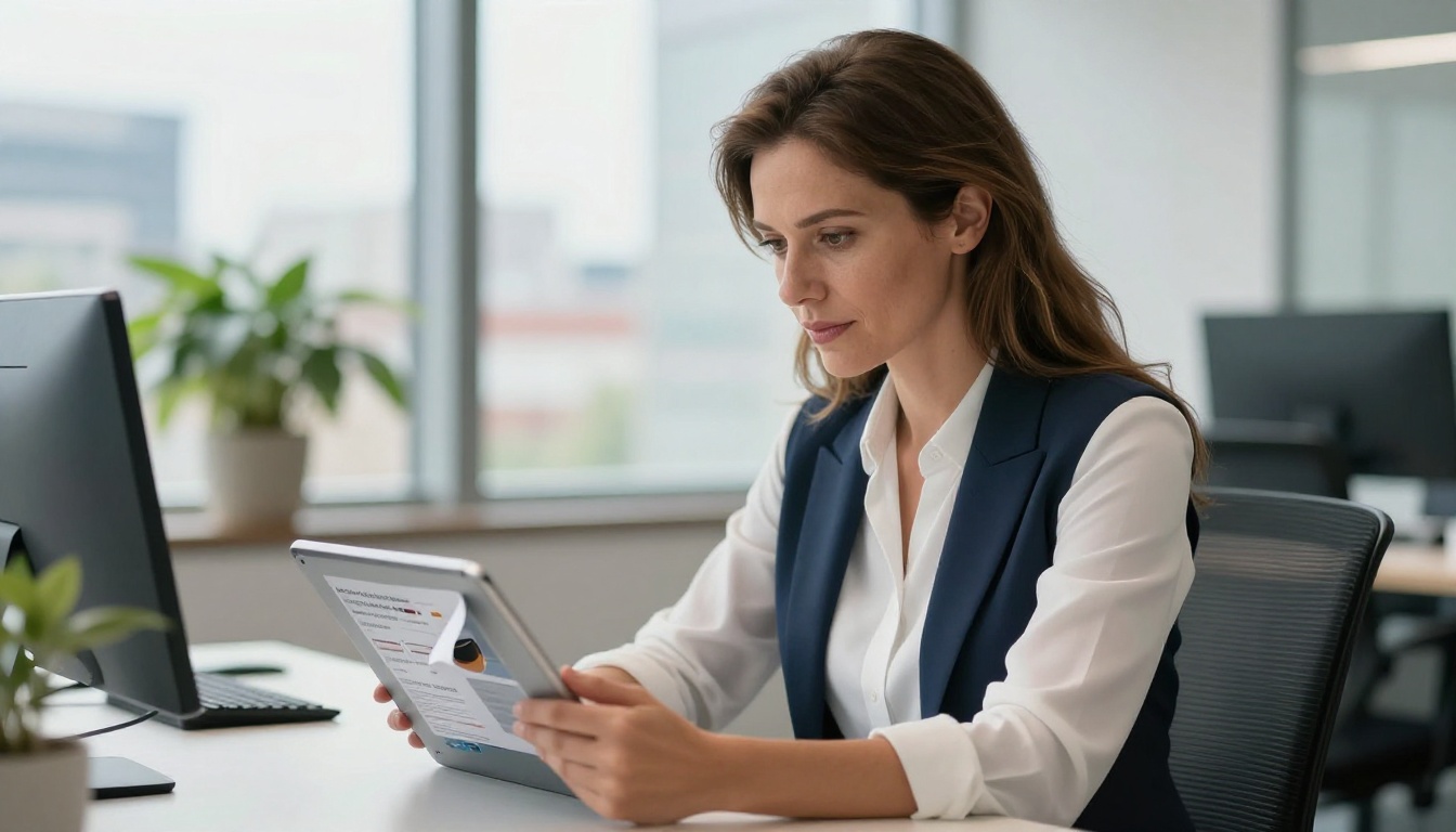 A German businesswoman reviews her product catalog flipbook on a tablet in a Munich office
