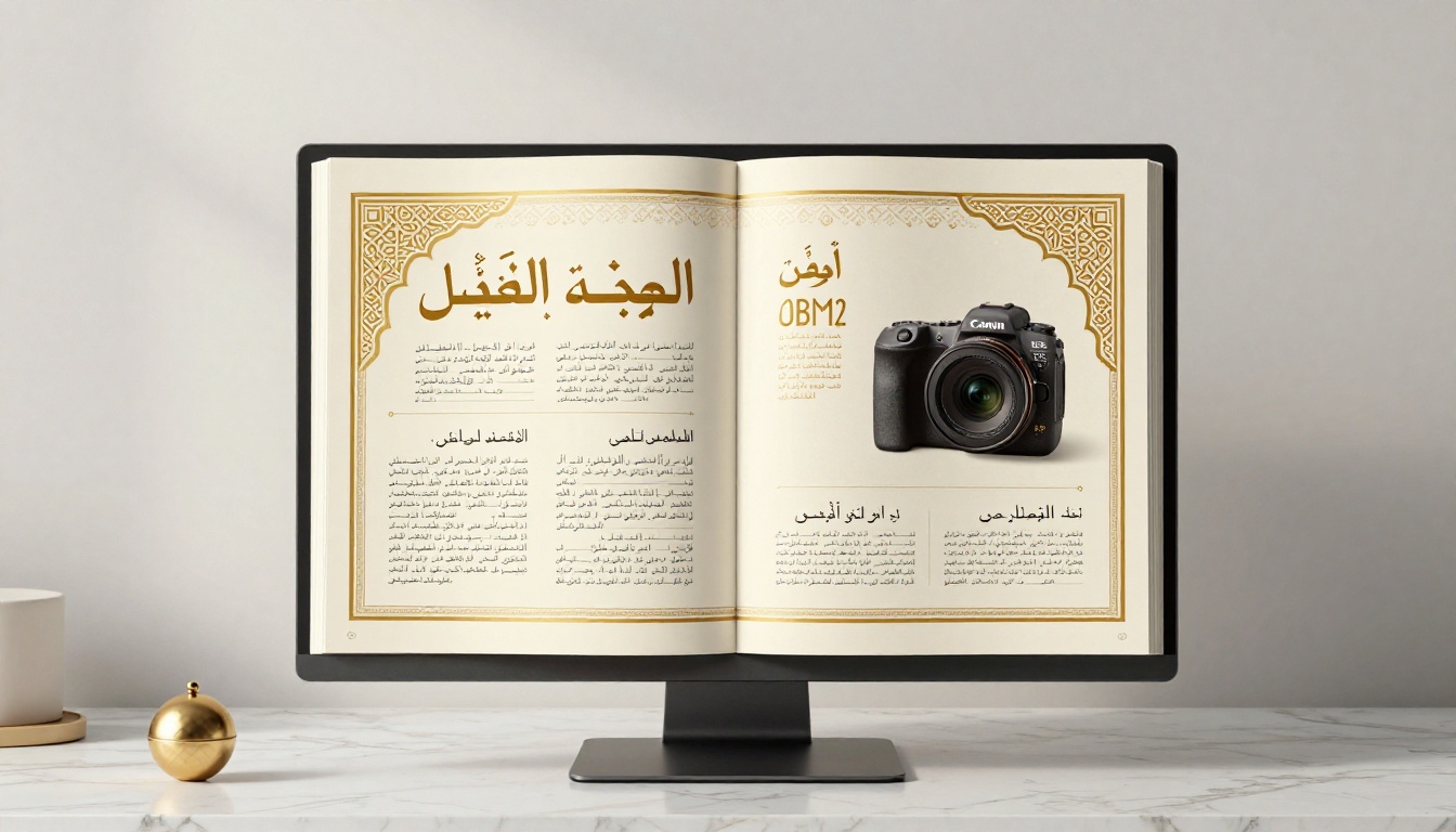 A beautifully designed Arabic product catalog displayed on a monitor with gold and cream color scheme