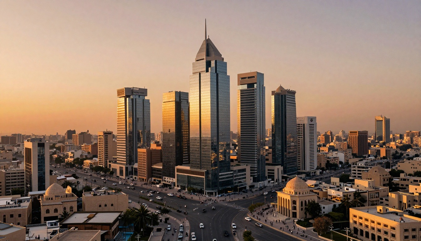 A modern Arabic city at golden hour photographed from the air, showing the scale of MENA urban audiences