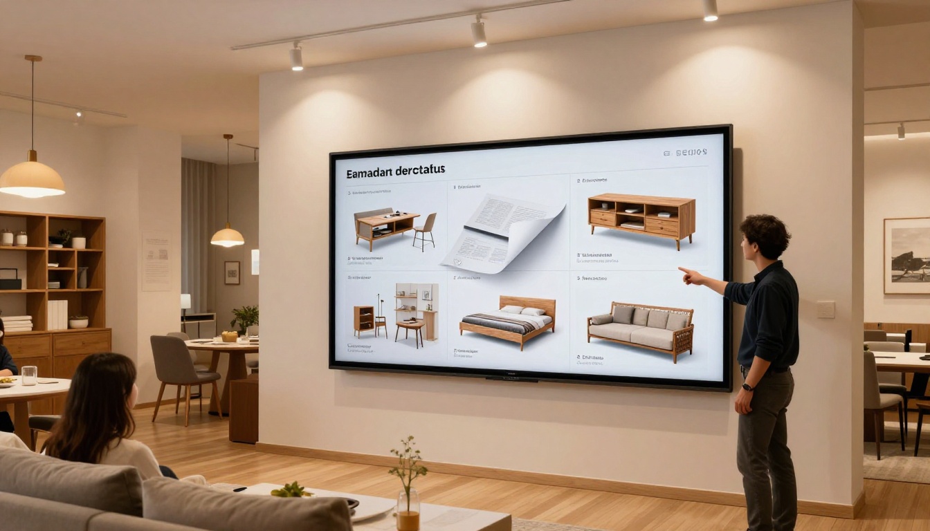 A German furniture showroom with an interactive catalog flipbook displayed on a wall-mounted screen