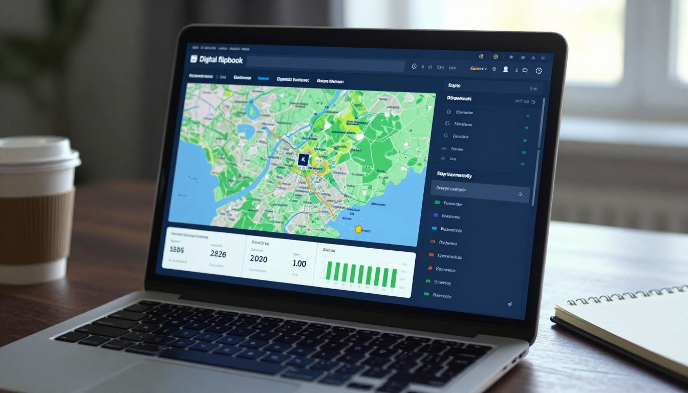 A laptop analytics dashboard showing reader engagement data and geographic heat map for a German digital catalog