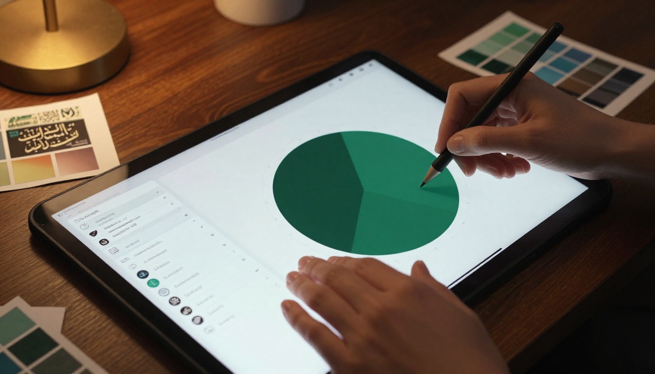 A designer selecting Arabic fonts and brand colors in a digital flipbook customization panel