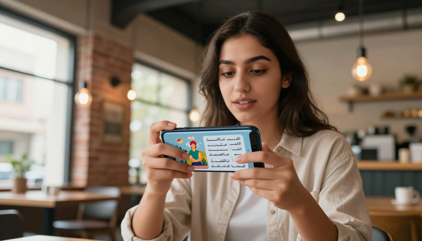 A young Arab woman reading an Arabic digital flipbook on her smartphone in a warm cafe setting