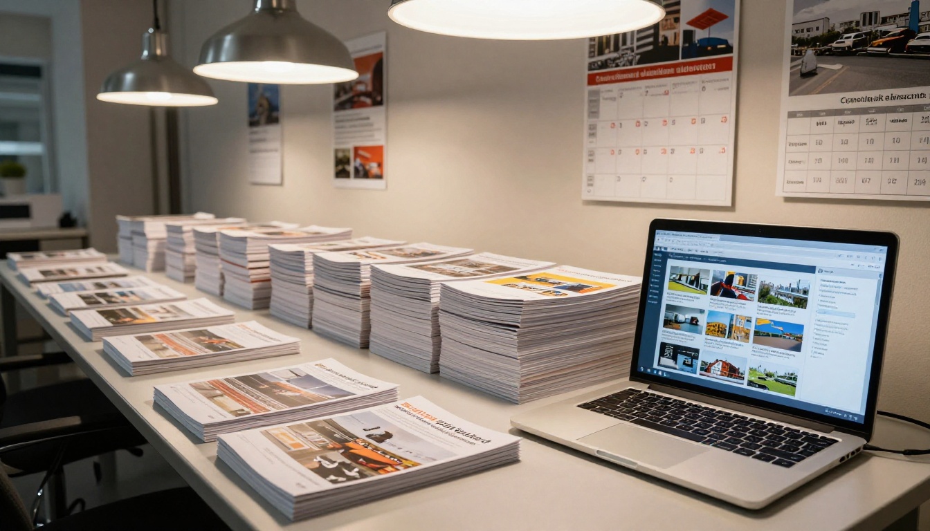 Stacks of printed German catalogs on one side of a desk contrasted with a laptop displaying the digital flipbook version