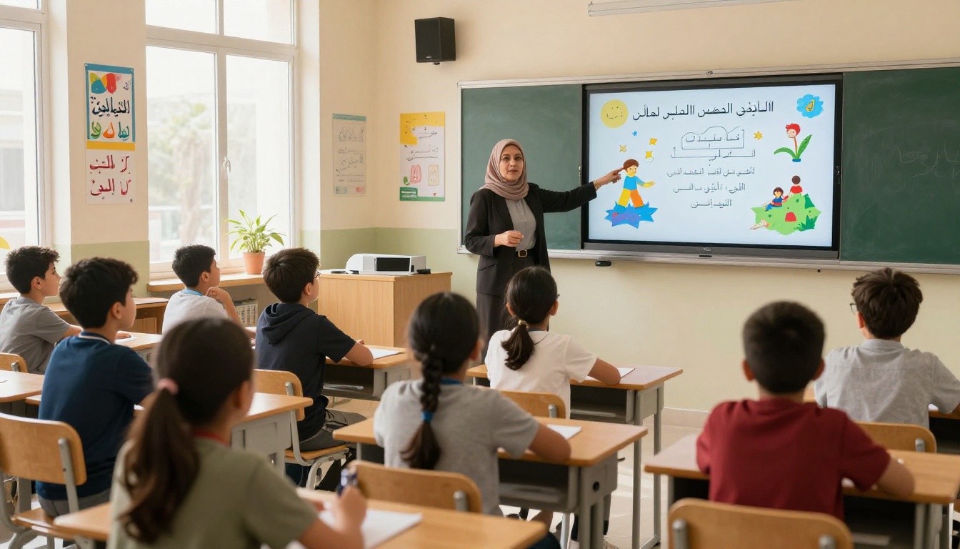 An Arabic schoolteacher presenting an interactive digital flipbook to engaged students in a modern classroom