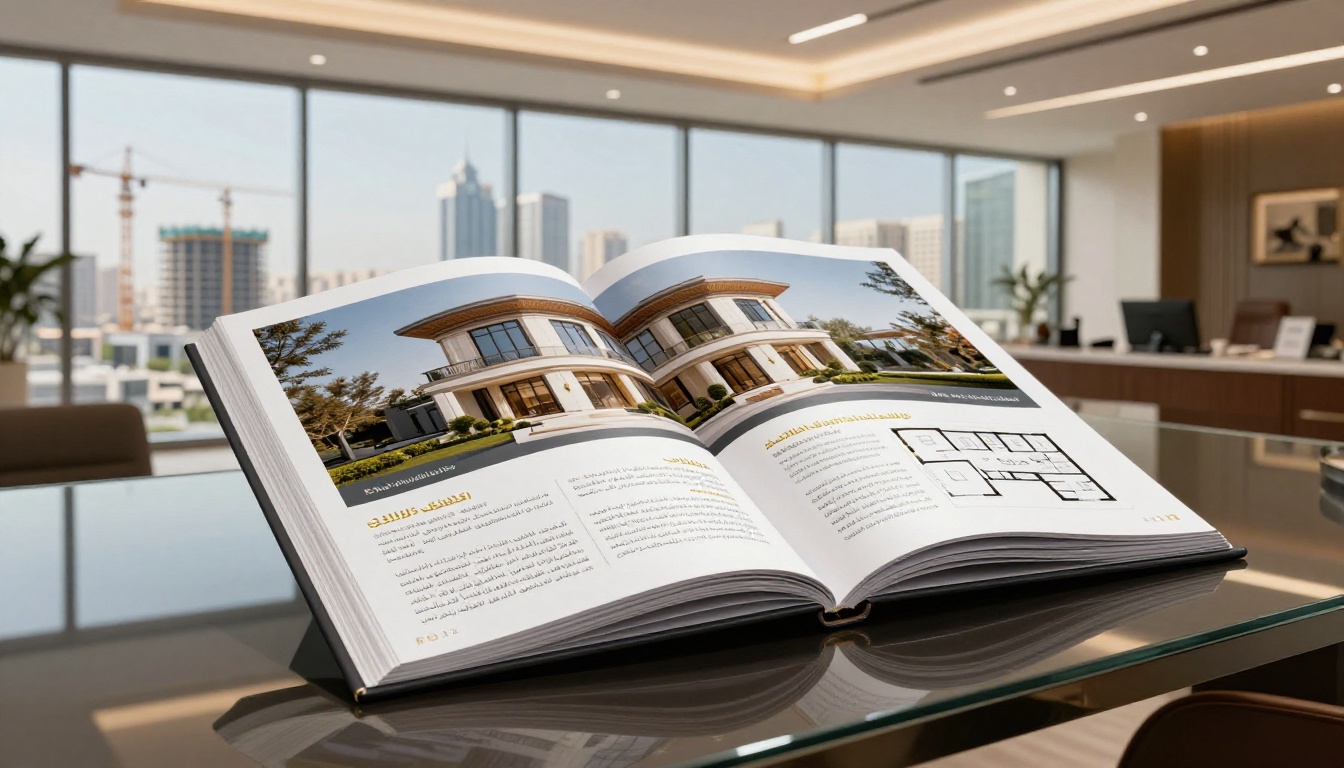A luxurious Arabic real estate brochure displayed as a flipbook on a glass desk in a modern Riyadh office