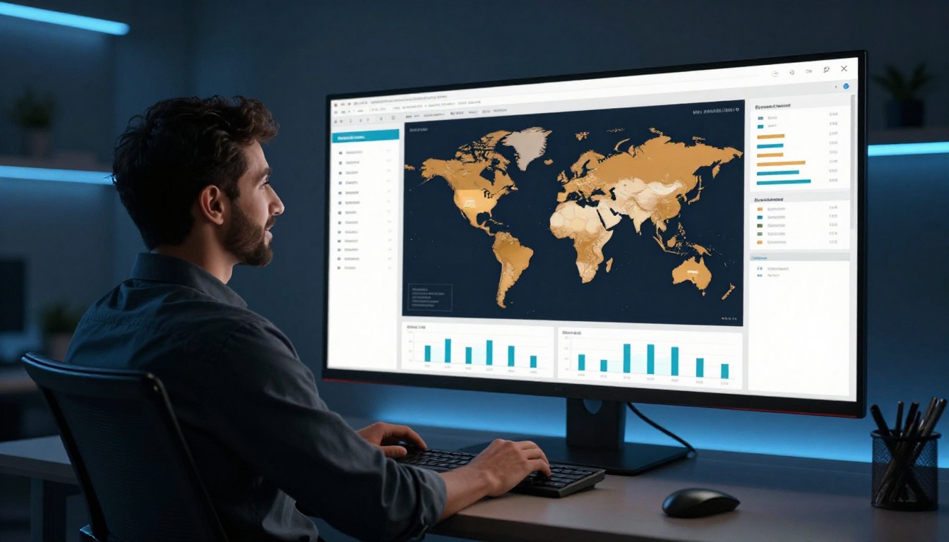 An analyst reviewing Arabic flipbook engagement data on an ultrawide analytics dashboard at night