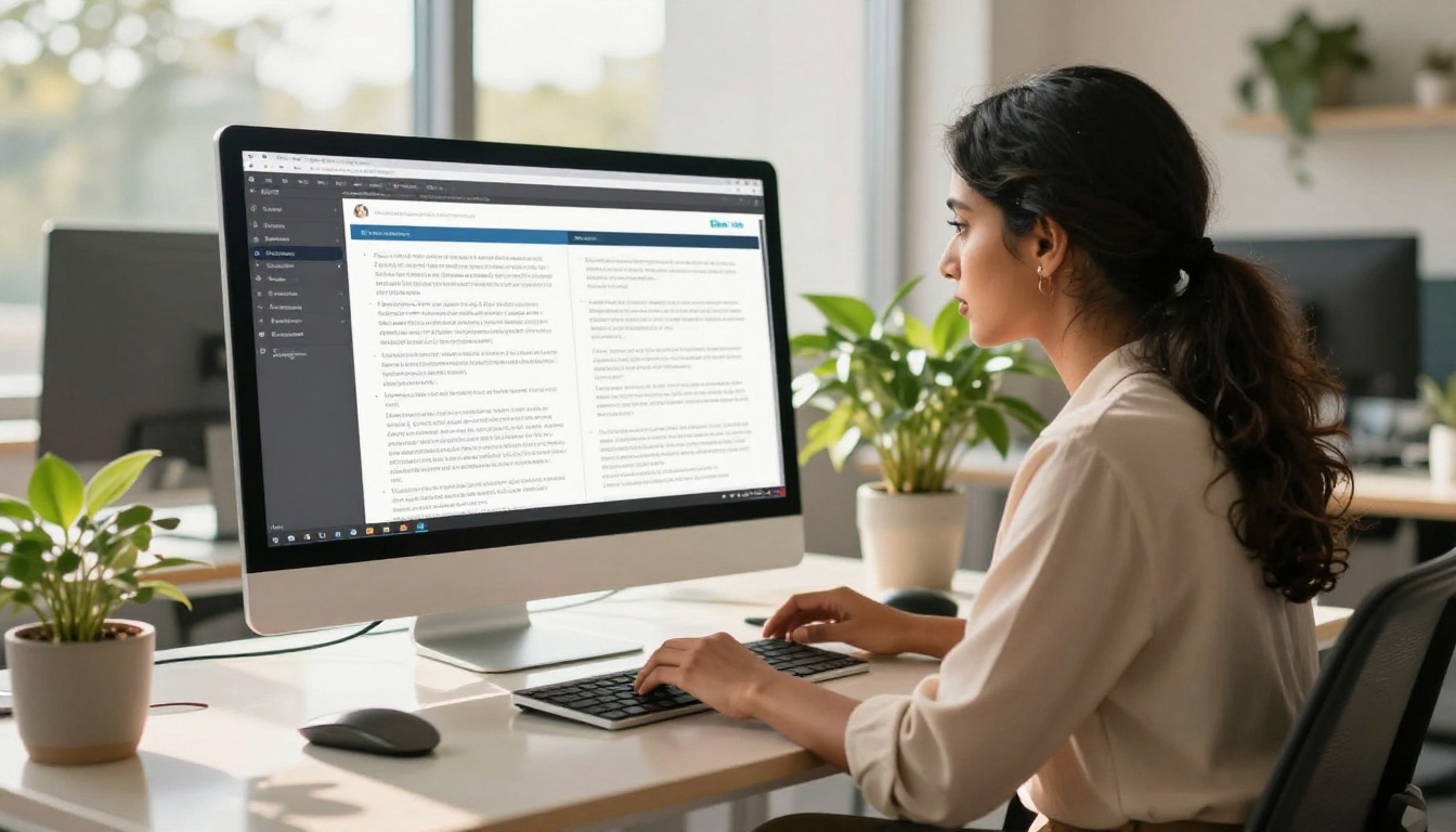 Multilingual content professional reviewing brand catalog on large monitor Multilingual content professional reviewing brand catalog on large monitor