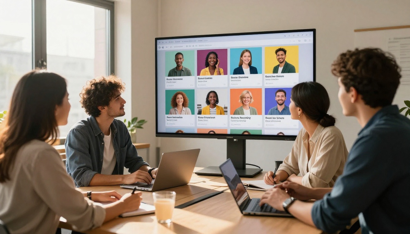 Diverse marketing team reviewing multilingual brand catalog on wall-mounted screen Diverse marketing team reviewing multilingual brand catalog on wall-mounted screen