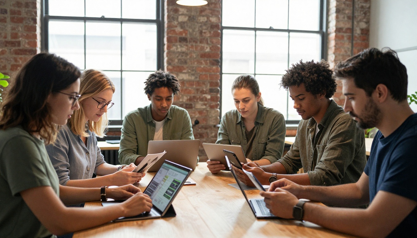 Diverse group of people reading digital flipbooks on various devices in a modern co-working space