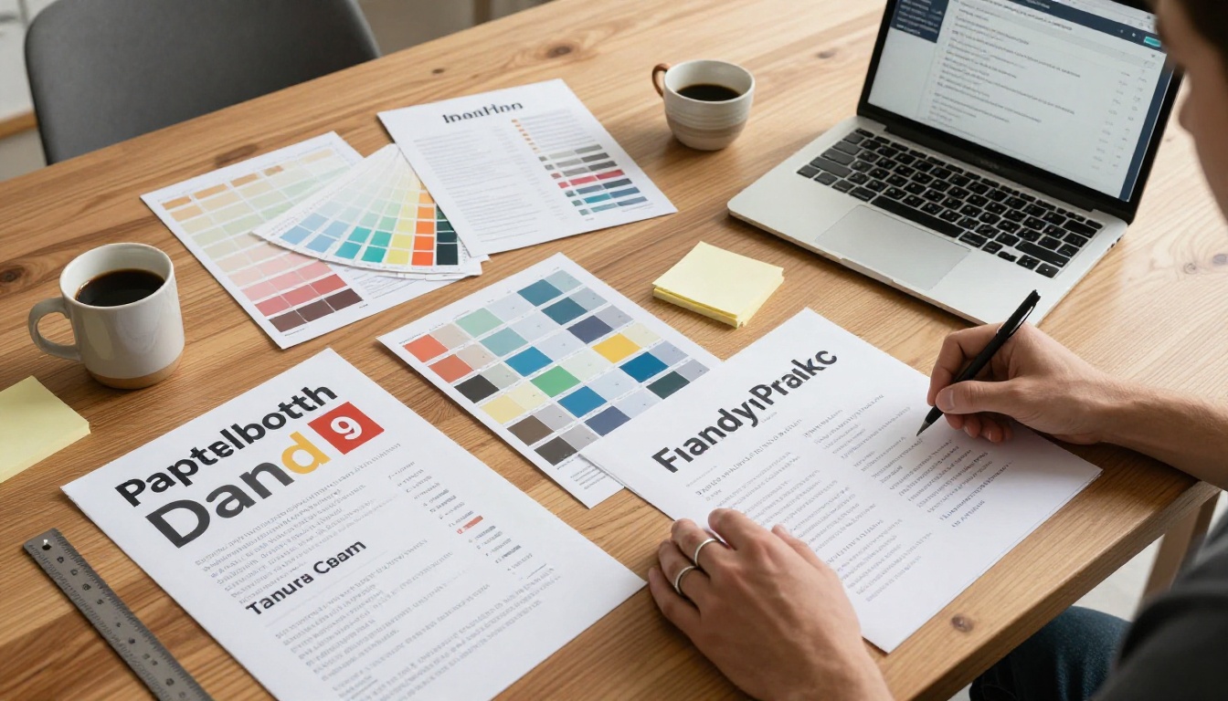 Bird's-eye view of multilingual brand materials, color swatches, and laptop on oak worktable
